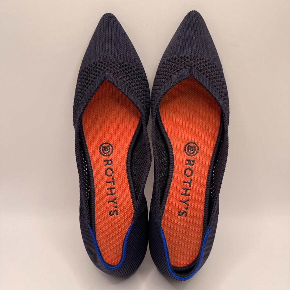 Rothy's The Point Navy Blue Pointed Toe Knit Flats Womens 8.5 Orange Insole